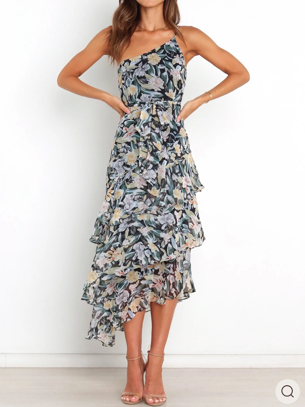 Floral One-Shoulder Ruffle Midi Dress - Black Floral